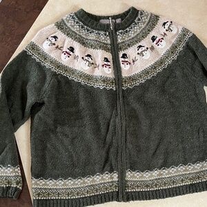 Croft and Barrow Cardigan Sweater women’s full zip, L, Green, Embroidered Snowme